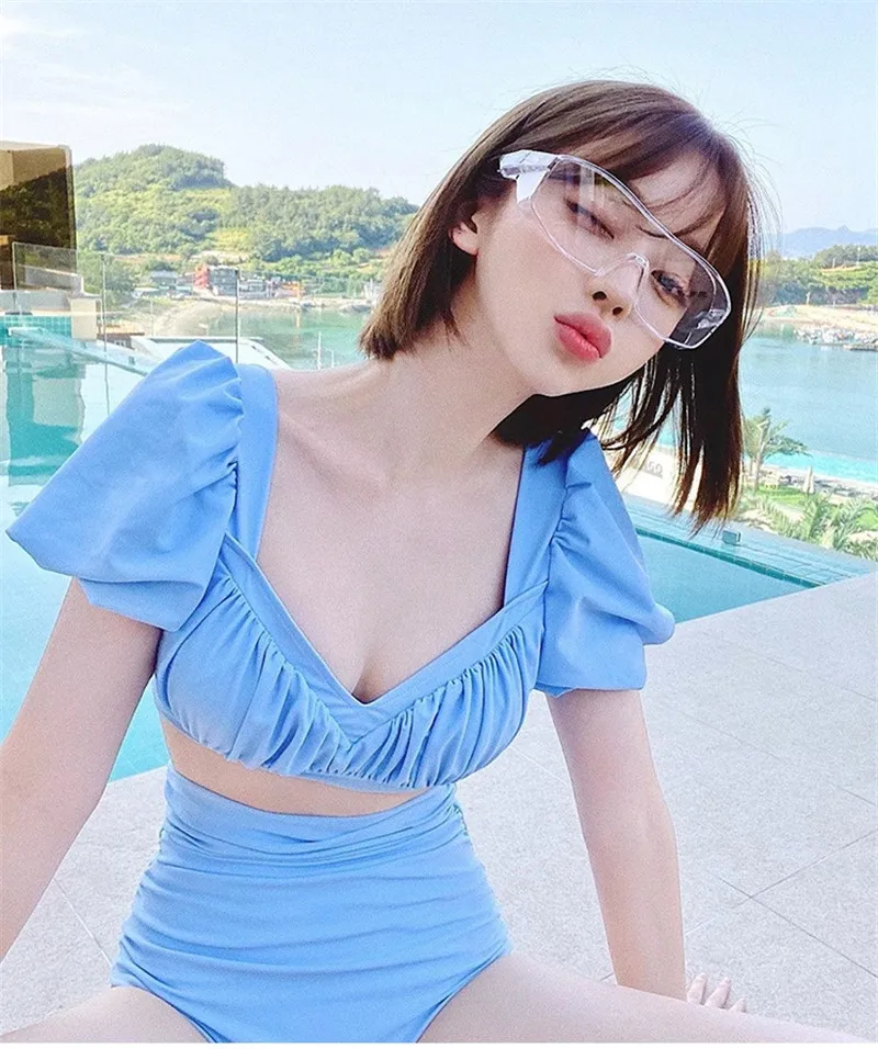 Купальник с высокой талией 2020 однотонный комплект бикини рюшами женский