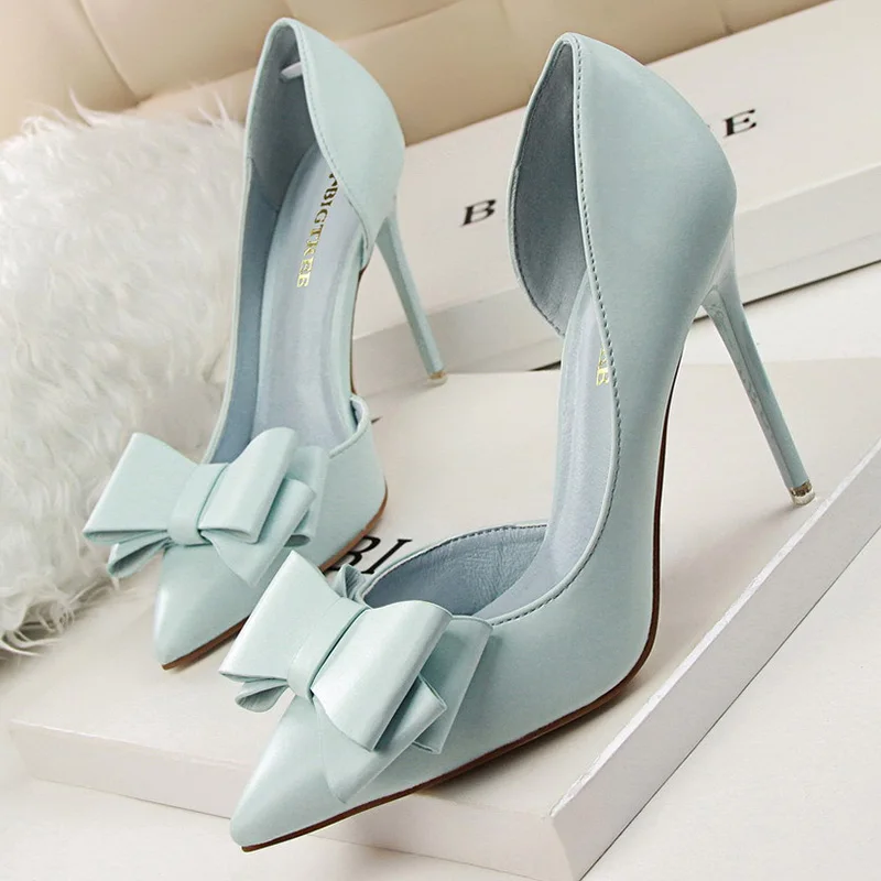 Женские туфли-лодочки на высоком каблуке с бантом-бабочкой белые розовые красные