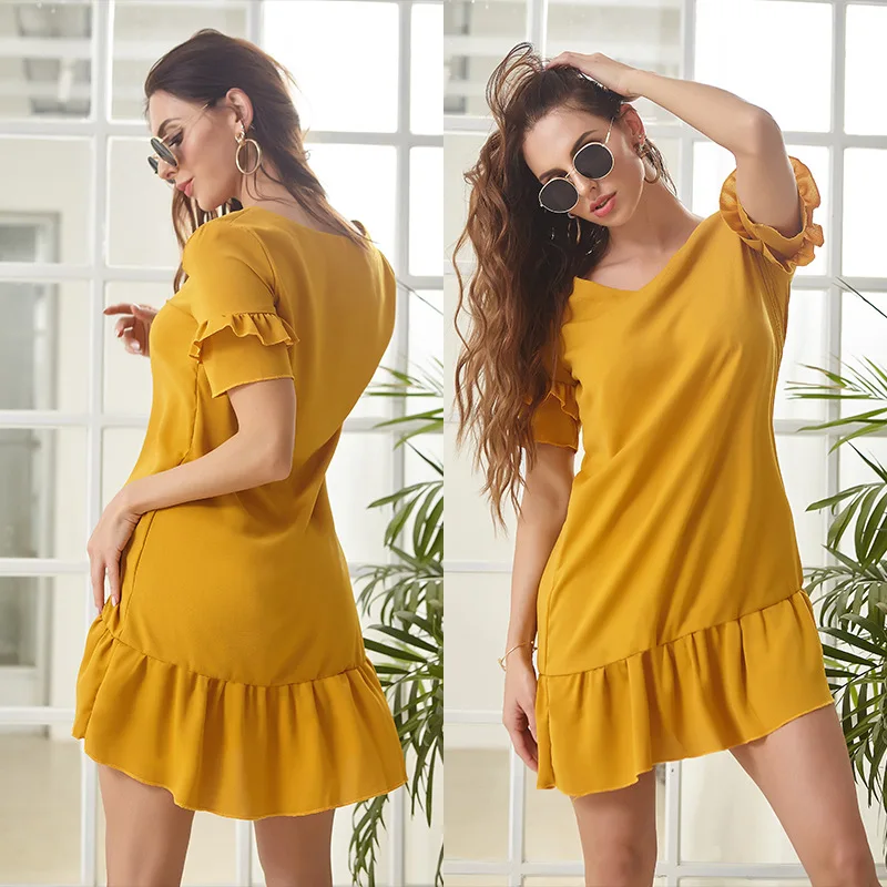 

Donsignet Fashion Women's Dress New Summer Casual Hot Sale V-neck Pullover Solid Color Loose Ruffled Short-sleeved Mini Dress