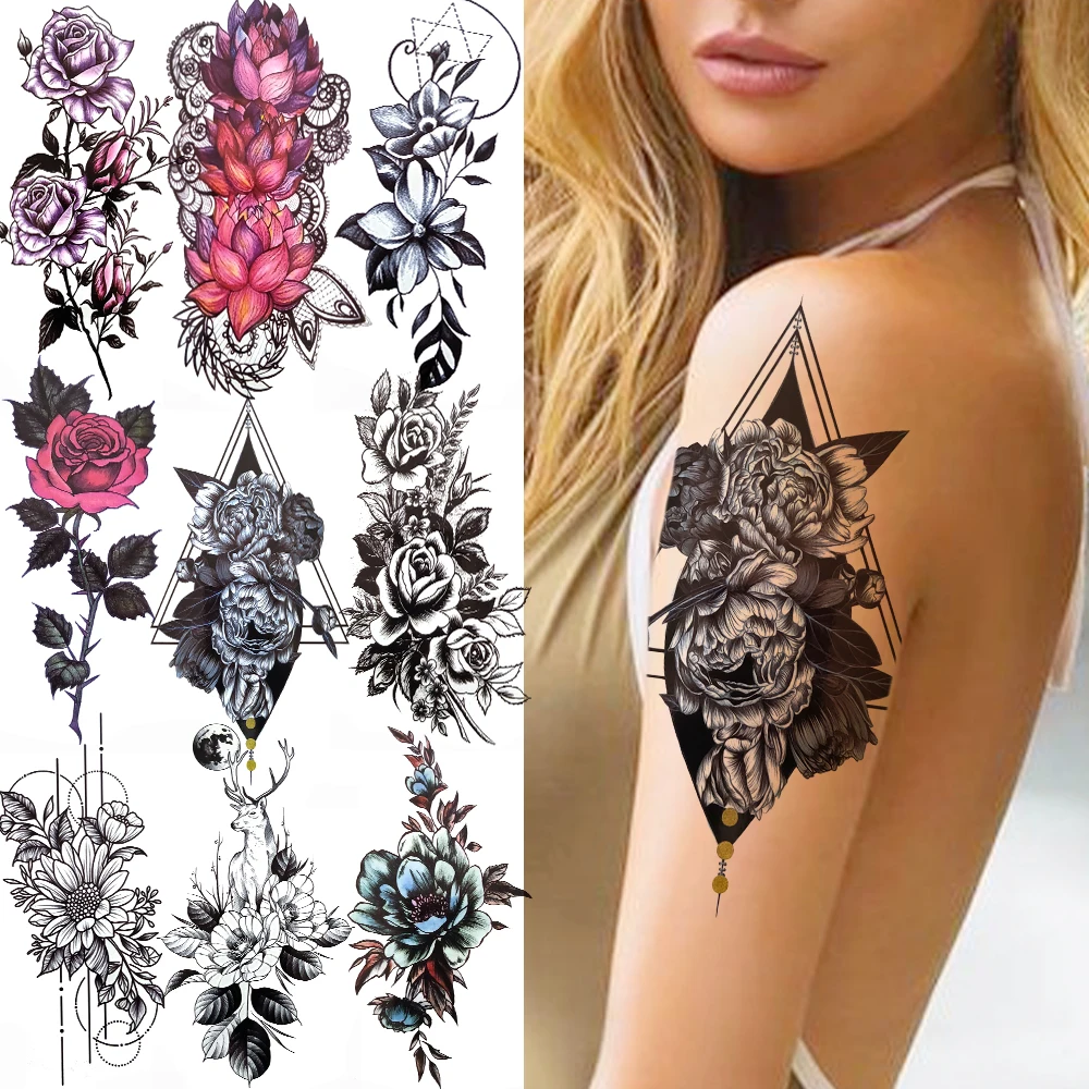 

Поддельные ювелирные изделия с треугольными цепочками, временная татуировка для женщин, черные пионы, лотос, ромашка, роза, Георгин, татуиро...