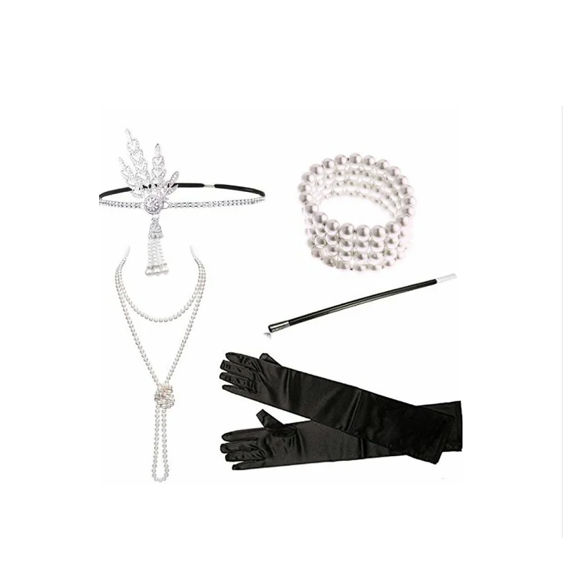 

The 1920s great gatsby same Five-piece pearl necklace Pearl bracelet smoke rod headpiece gloves
