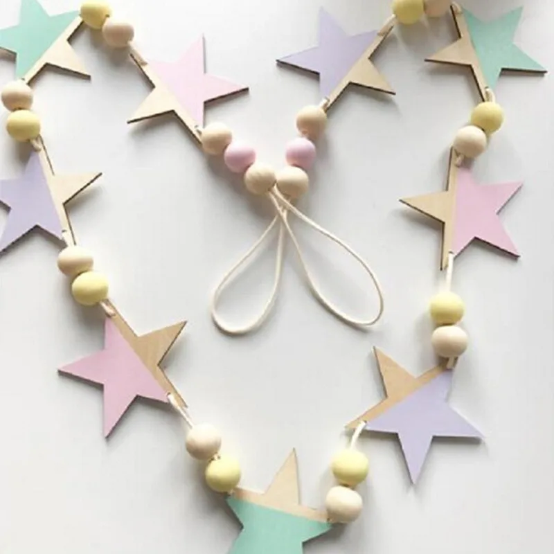 

INS Nordic Wooden Star Beads Garland Banners Girls Baby Room Nursery Wall Decor Kids Room Hanging Curtains Pennant Photo Props