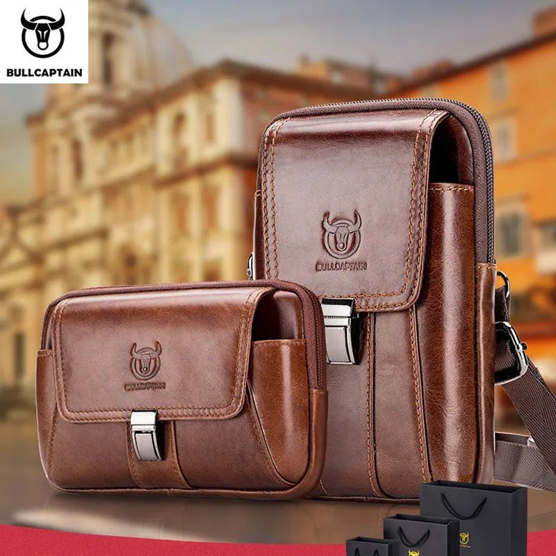 BULLCAPTAIN men's mobile phone waist bag multifunctional first layer cowhide horizontal and vertical models can wear a belt bag