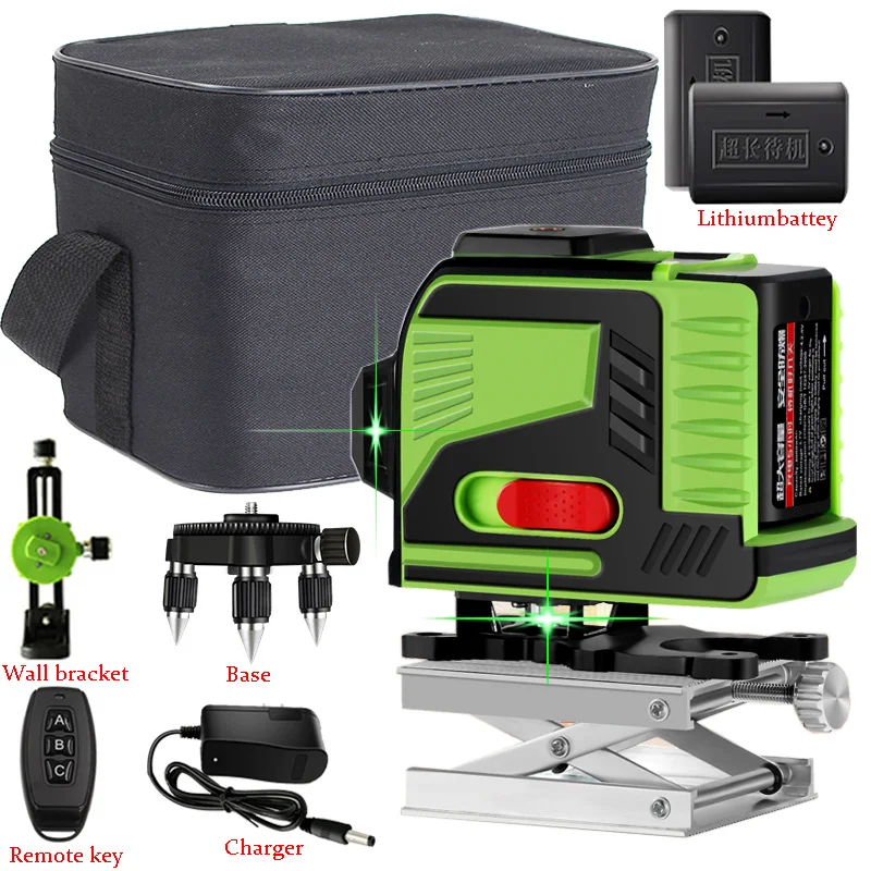 Мощный лазерный 3D уровень самонивелирующийся зеленый 12 линий горизонтали и