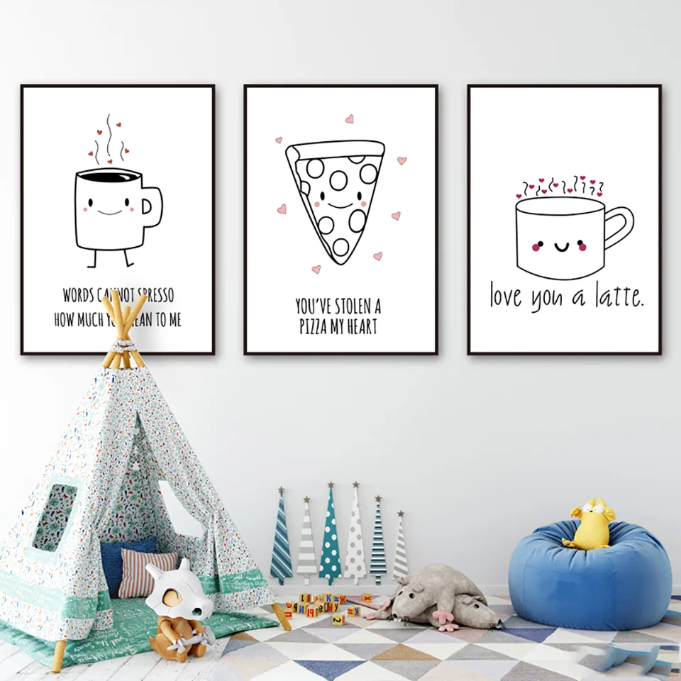 Настенная Картина на холсте картина с рисунком мультяшная черная белая чашка для