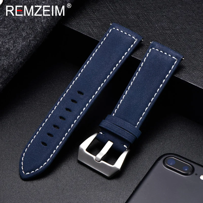 REMZEIM 18mm 20mm 22mm 24mm Matte Leather Watchband Men Women Strap Luxury Brand Red Blue Green Watch Band Accessories