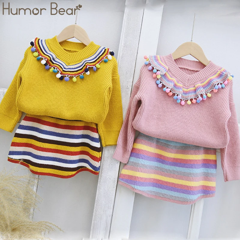 Humor Bear/детский осенне-зимний костюм года для девочек свитер с длинными рукавами в разноцветную полоску+ юбка в Корейском стиле Детский костюм