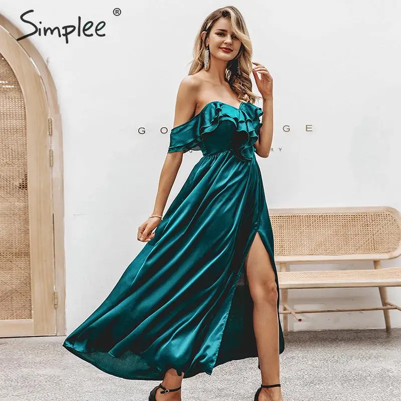 Женское вечернее атласное платье с открытыми плечами высокой талией и оборками |