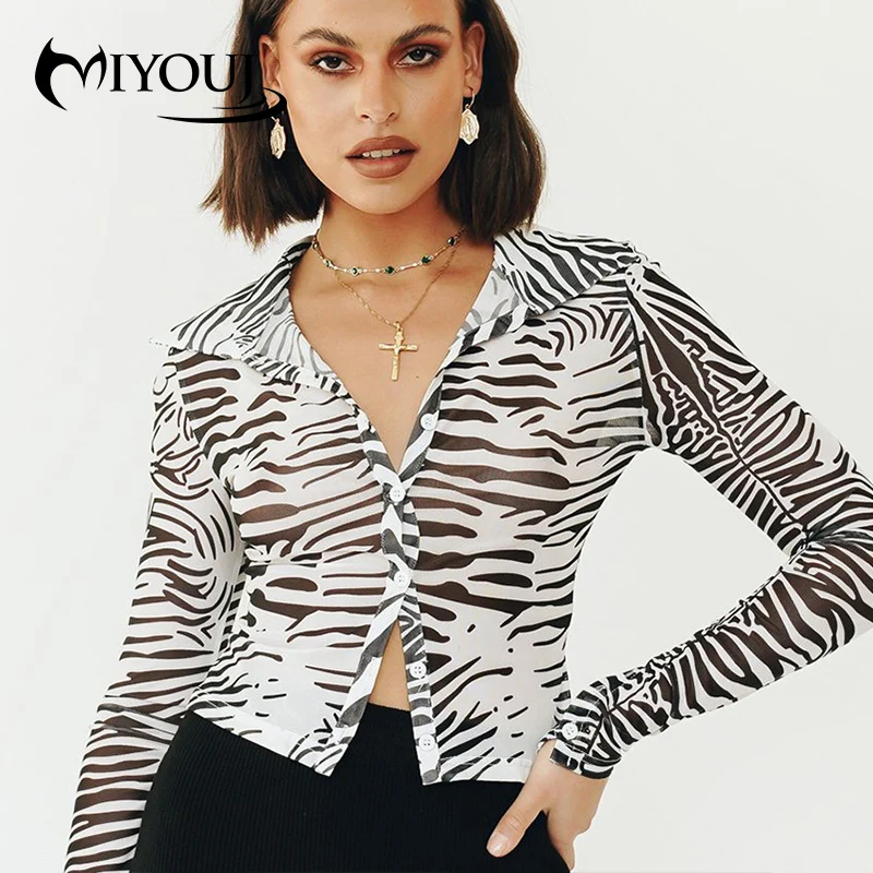 

MIYOUJ Long Sleeve Zebra Pattern Blouse Women Top Sexy Single Breasted Office Shirt For Female New Spring Autumn Ladies Clothing