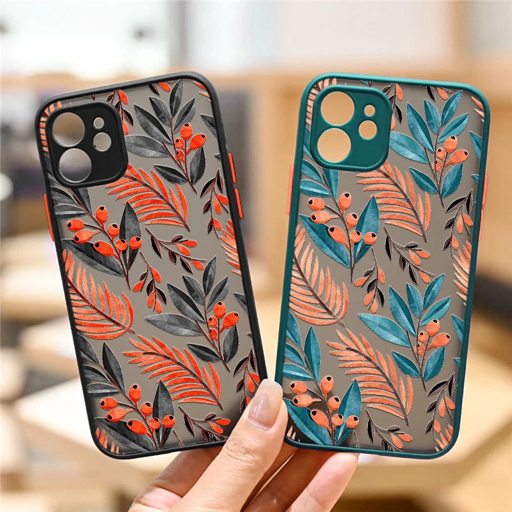 

iphone 13 12 XS 11 pro max mini full back PC Splicing case for iphone 7 8 6 6s plus SE2020 X XR Leaves fruit illustration funda