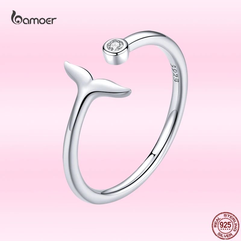 

Bamoer Genuine 925 Sterling Silver Open Creative Fish Tail Ring Fashion Adjustable Ring for Women All-match Party Jewelry Gift