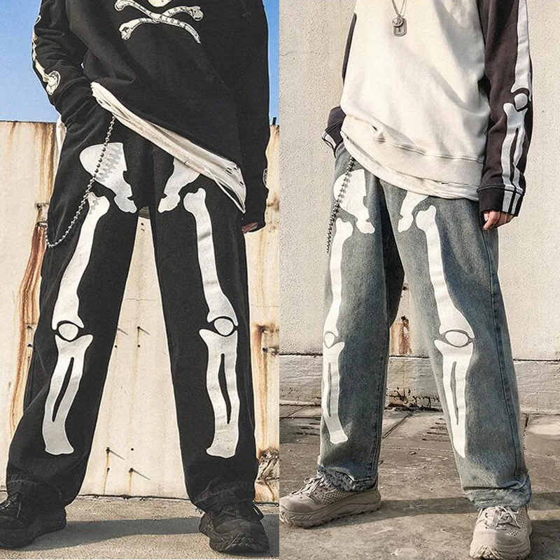 Джинсы мужские с принтом скелета прямые свободные брюки-султанки в стиле хип-хоп