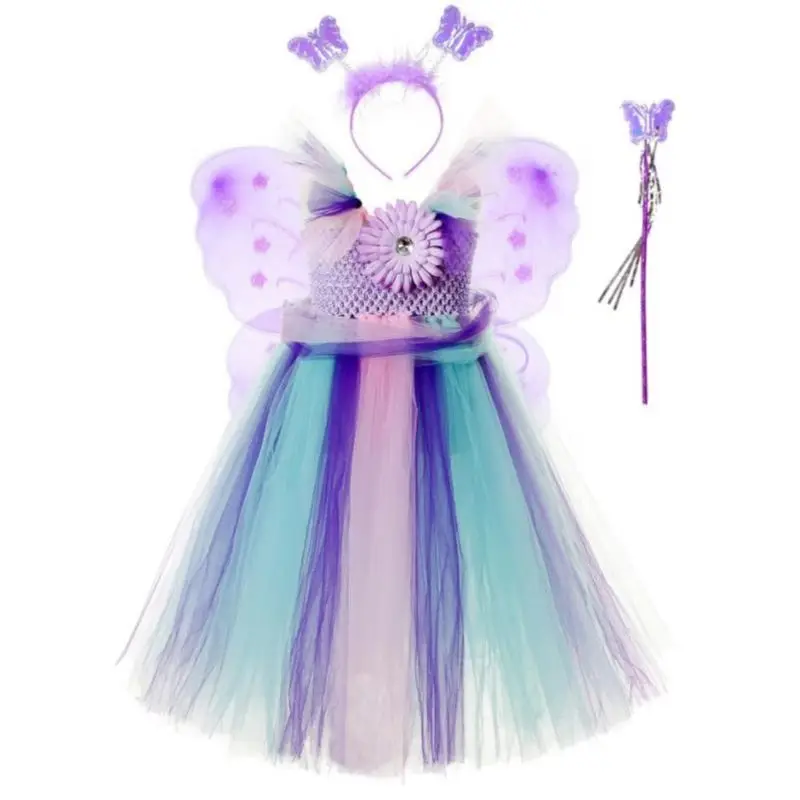 Rainbow Girls Crochet Tutu Dress Baby Handmade 2Layer Fluffy Tulle Ballet Tutus with Butterfly Wing Set Kids Party Costume 2-10Y | Детская