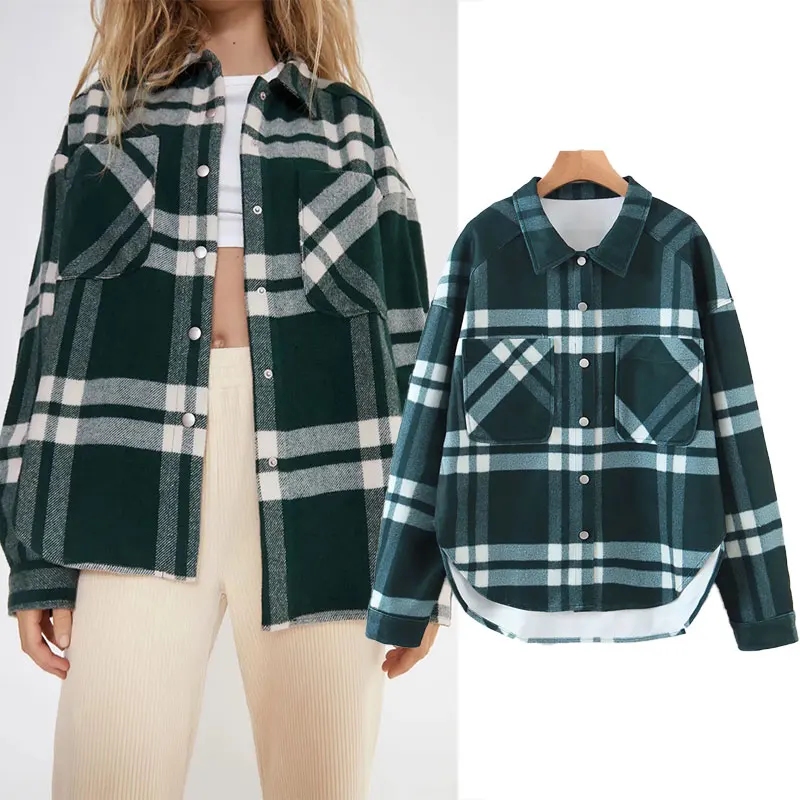 

Женская винтажная укороченная куртка Za, Повседневная Зеленая клетчатая куртка с длинным рукавом и карманами, осень 2021