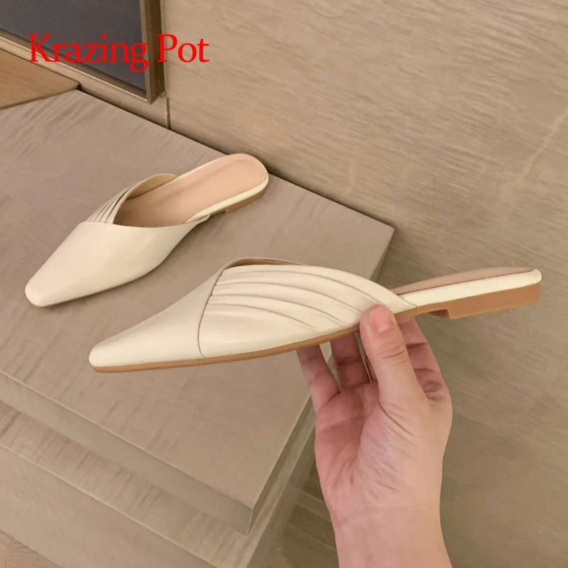 

Тапочки Krazing pot женские из натуральной кожи, уличные туфли с квадратным носком, в простом стиле, в Корейском стиле, красивая уличная одежда, б...