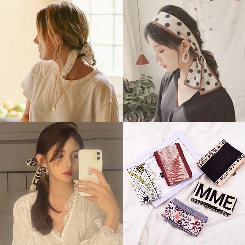 

2021 New Fashionable Retro Satin Band Head Ribbon Women Narrow Long ​Letter Print Silk Scarf French Elegant Hair Accessories