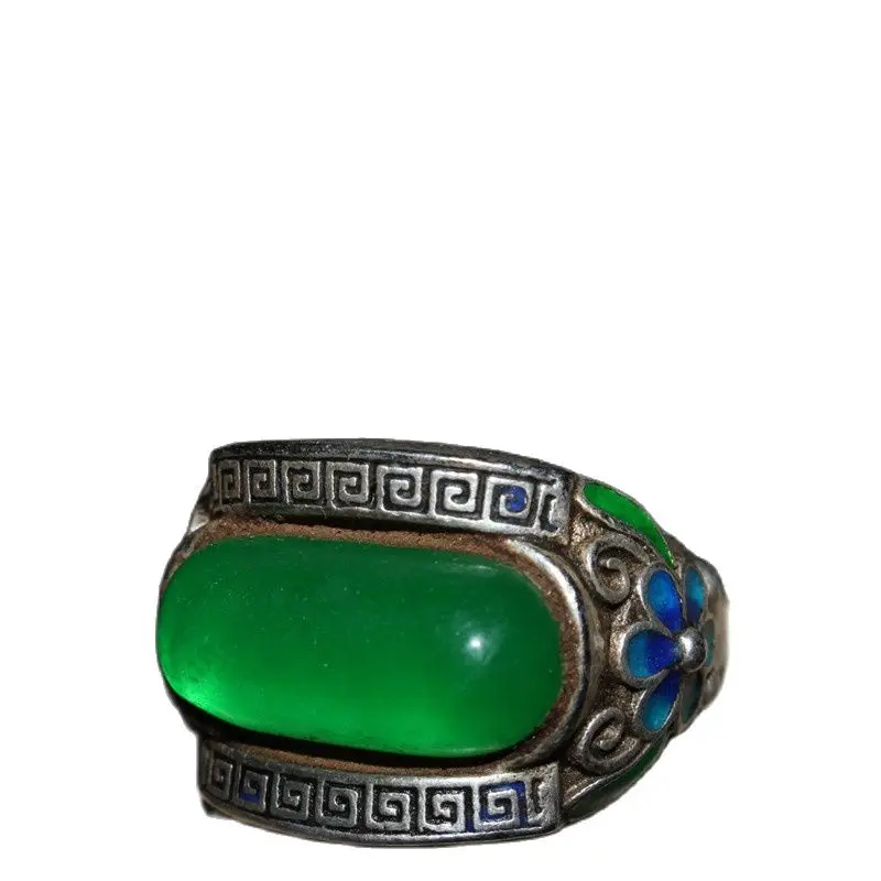 

Early collection of Tibetan silver inlaid emerald Cloisonne filigree rectangular lady's Tibetan Silver Ring