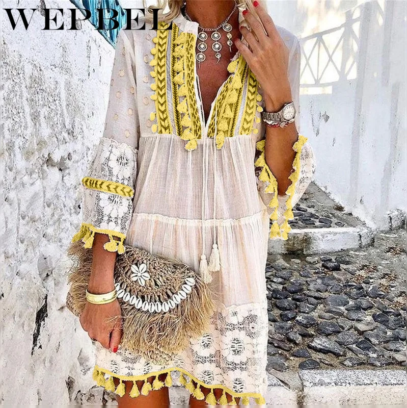 

Женское повседневное свободное платье WEPBEL в стиле пэчворк, весеннее модное платье с длинным рукавом и V-образным вырезом и кисточками