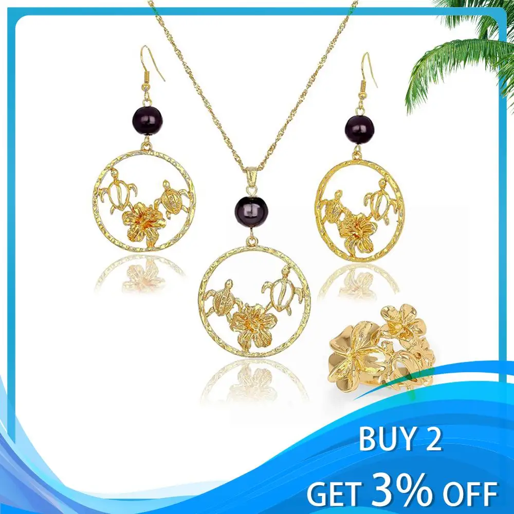 

Polynesian Hawaiian Gold Jewelry Set for Women 2021 New Sea Turtle Frangipani Pendant Necklaces Sets Trendy Big Ring Earring