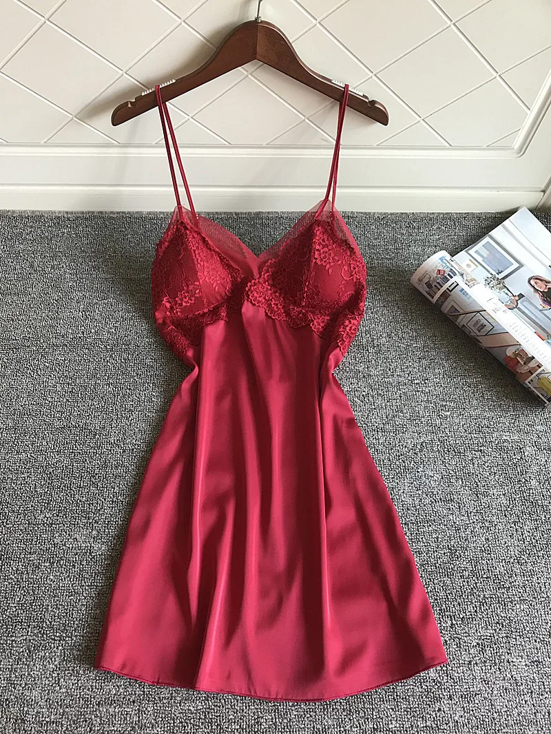 2019 Женская Сексуальная шелковая атласная ночная рубашка без рукавов с V образным