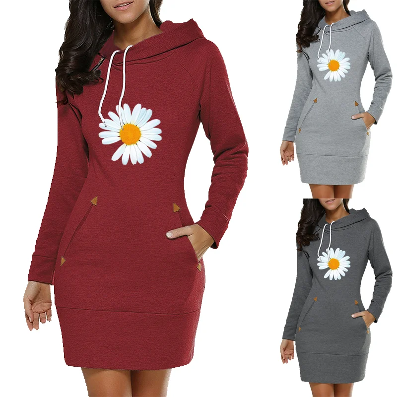 

2021 Super Long Autumn And Winter Women's Hoodie Sweatshirt Warm Hooded Drawstring Pullover Plus Size Dress