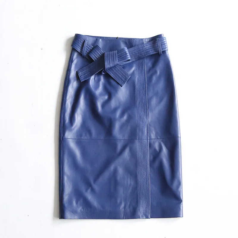 

Genuine Leather Skirt Women Real Sheepskin High Waist Office Ladies Elegant Designs Work Formal Midi Knee Legnth Skirts Belts