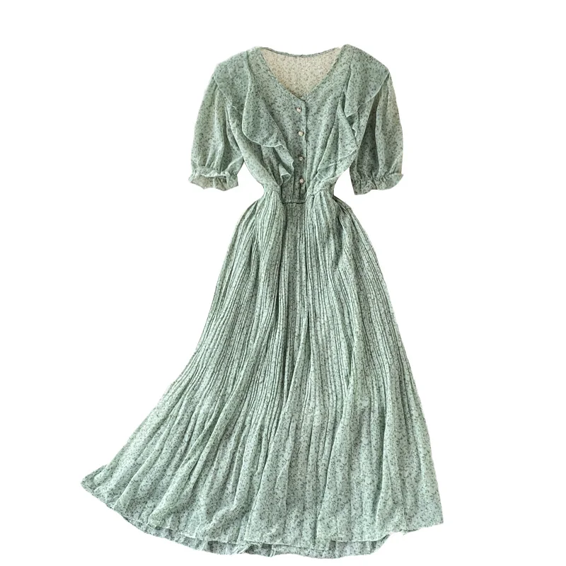 

Elegant temperament V-neck chiffon dress for womens floral pleated dress summer ruffled waist big swing long Dress beach holiday