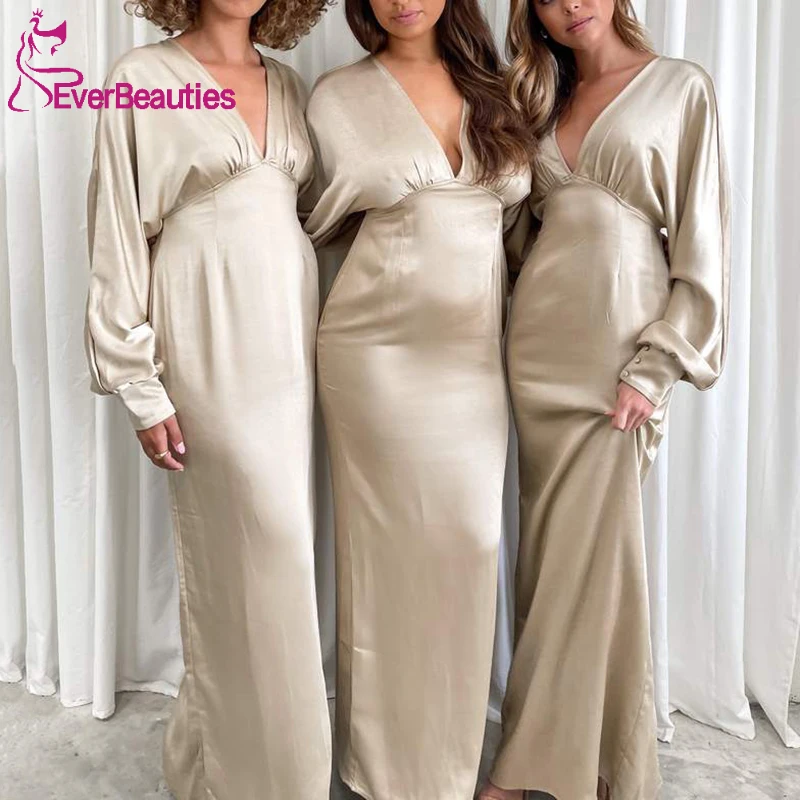 

Satin Long Bridesmaid Dresses for Women 2021 Elegant Satin Свадебное платье Long Sleeves V-Neck Robe De Soiree De Mariage