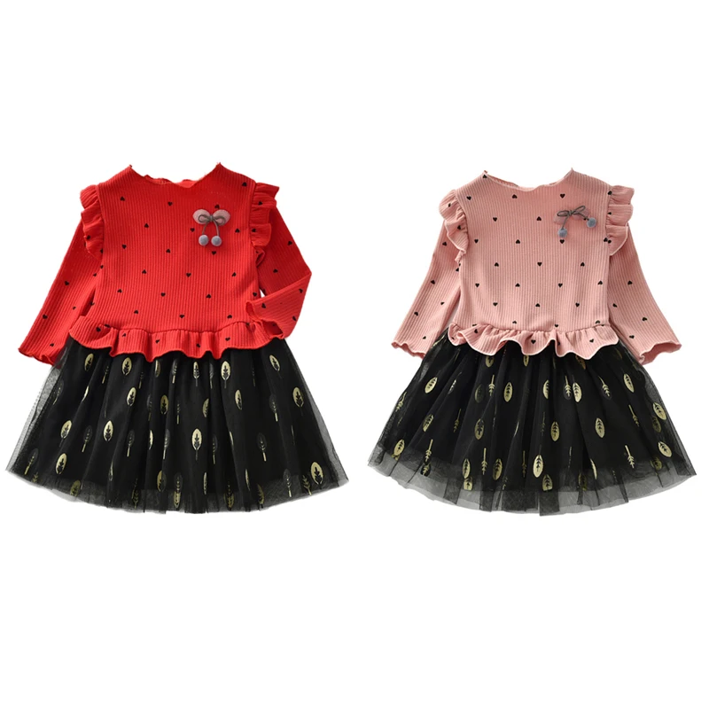 Осеннее Повседневное платье для маленьких девочек Сетчатое лоскутное с длинным