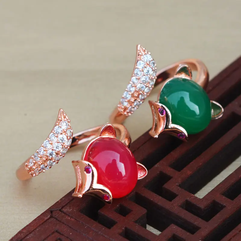 Women's Rings S925 Sliver Jade Stone Green Purple Red Fox Zircon Gold-plated Jewelry Gift for Female Fine | Украшения и