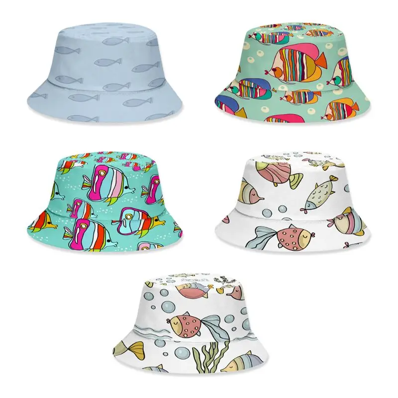 

Летняя шляпа-ведро для взрослых и детей, с рисунком океана, рыбы, с широкими полями, рыбацкая Кепка, Лидер продаж