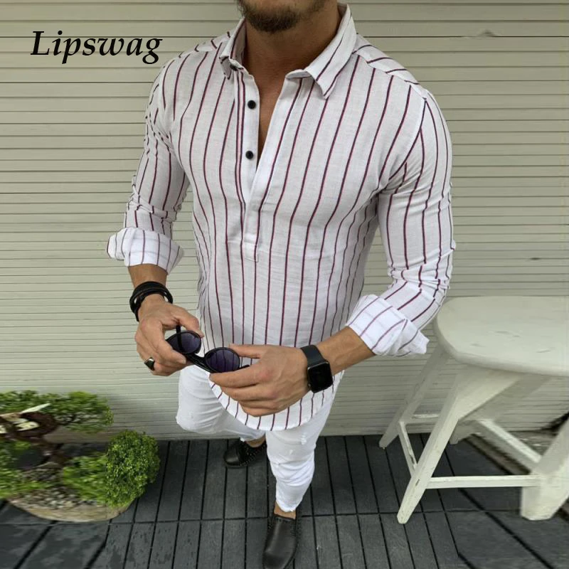 

Рубашка мужская с отложным воротником, в полоску, на пуговицах