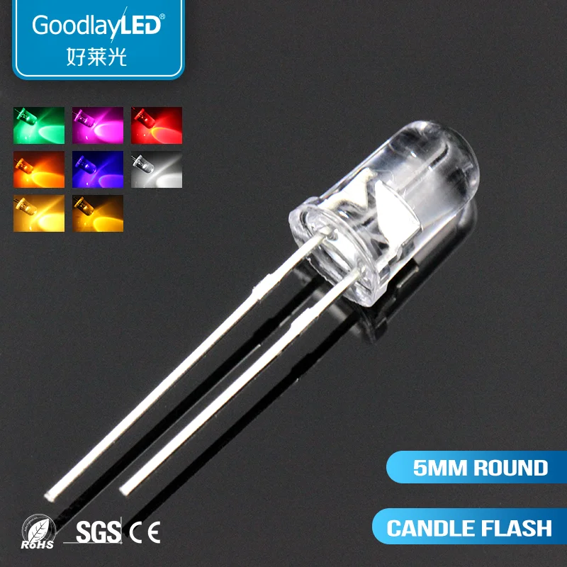1000pcs5MM круглая голова свеча мигает красный синий зеленый желтый оранжевый теплый