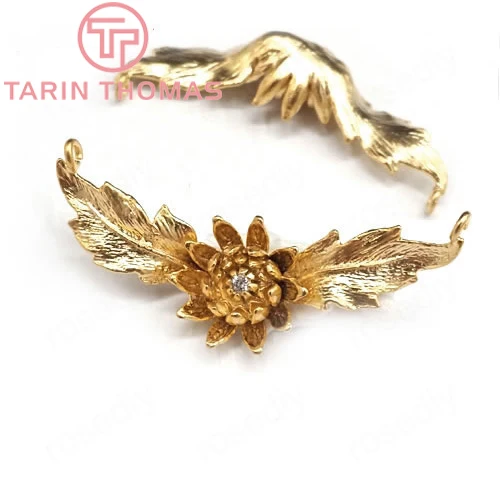 

(28178)4PCS 32*12MM Brass with Zircon Matte Gold Color 2 Holes Flowers Charms Jewelry Findings Accessories