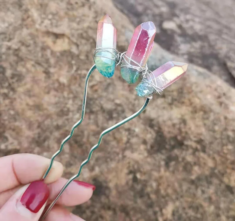 Pink-Green Натуральный кварц сырой кристалл обруч зажим для волос для женщин маленький обруч Ювелирное Украшение на день рождения - Окраска металла: Pink-Green