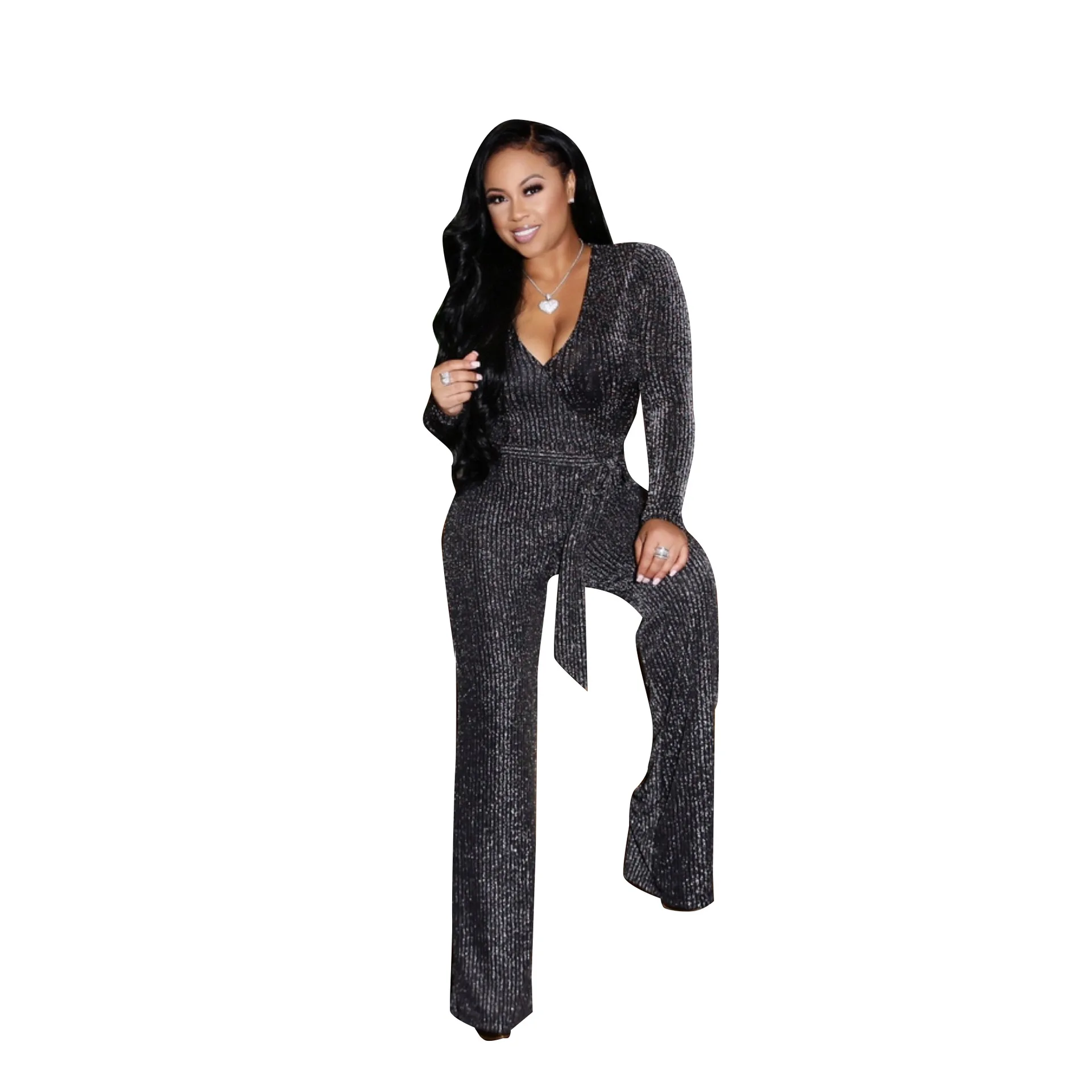 Женские шикарные комбинезоны с v образным вырезом и длинным рукавом на осень зиму