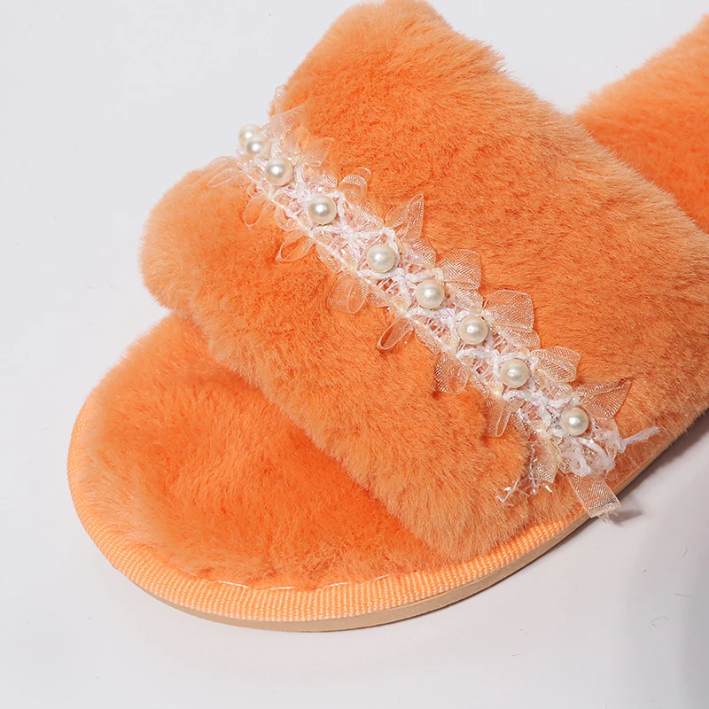 

2021 Winter New House Women Fluffy Slippers Faux Pearl Lace Edge Sexy Ladies Slippers Non-Slip Bedroom Girls Plush Shoes