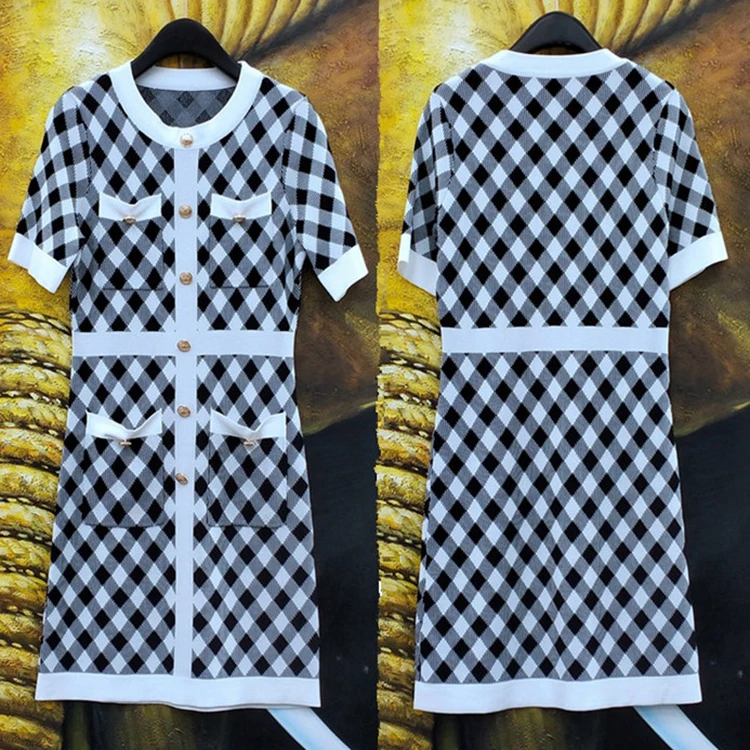 

2021 New Summer Knitted Dress Women Korean Fashion Vintage Short Sleeve Hit Color Button Plaid Mini Dress Femme Vestidos