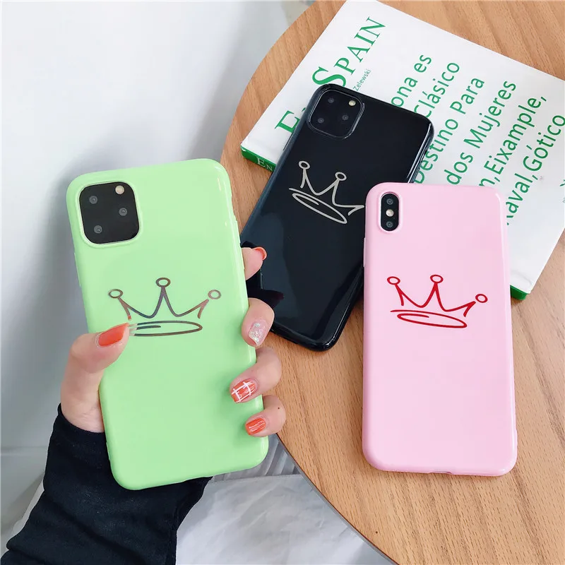 Пара Глянцевая любовь сердце корона мягкий чехол для iPhone 11 Pro XR XS MAX X 7 8 6 6s Plus