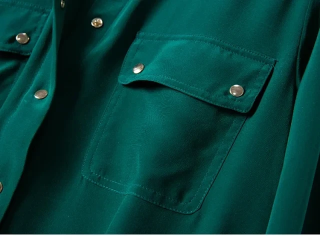 100% шелк мягкая женская OL Блузка с длинным рукавом белая зеленая рубашка