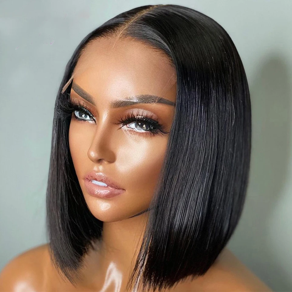 

14Inch Jet Black Colored Glueless Lace Front Wigs Middle Part Synthetic Blunt Short Bob For Women With Natural Hairline Babyhair