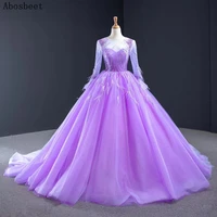 purple puffy ball gown evening dress long 2021 new elegant prom party women wear shining top beading feather long sleeve