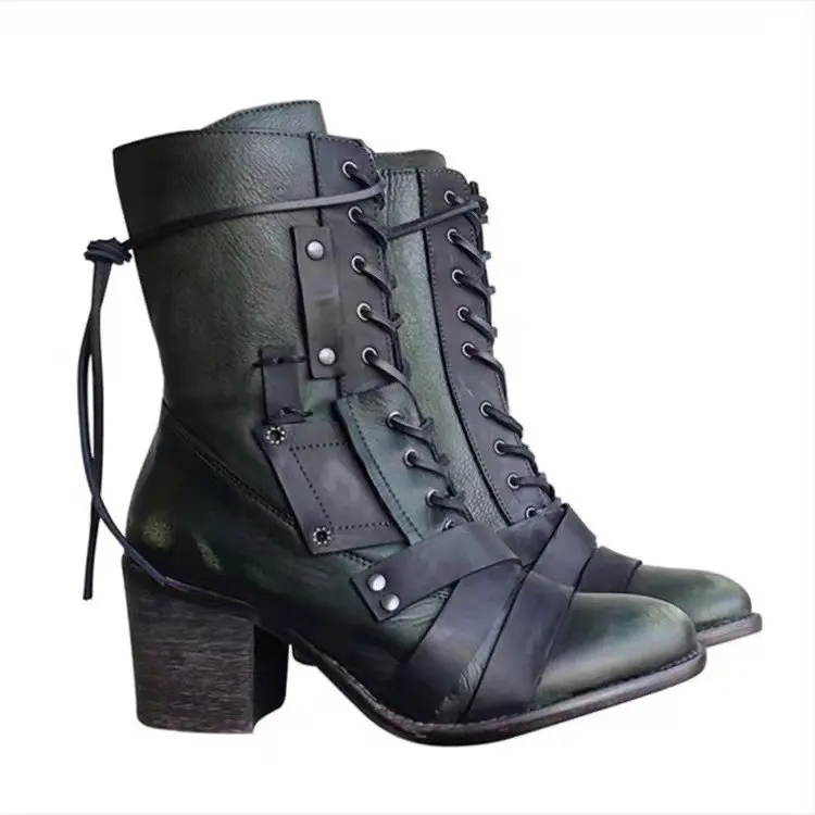 2021 New Women Winter Outdoor Lace-up Ankle Boots Ladies Square Heel PU Boot Plus Size 35-43 Casual Booties Woman Zapatos Mujer
