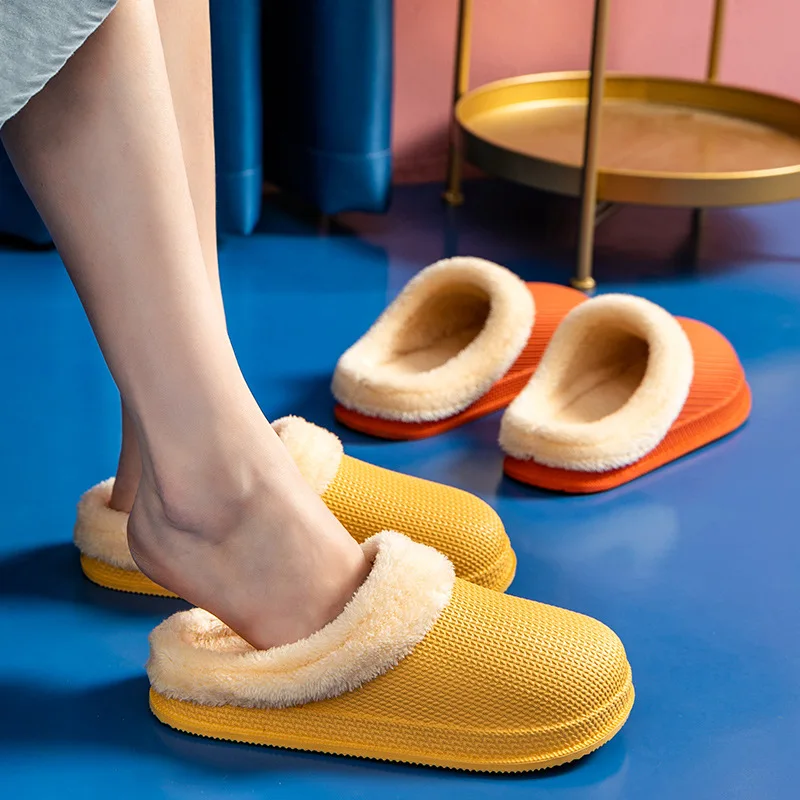 

Waterproof Cotton Slippers Winter Warm Home Non-slip Soft-soled Shoes Couple Indoor Bedroom Plush Furry Slides for Women