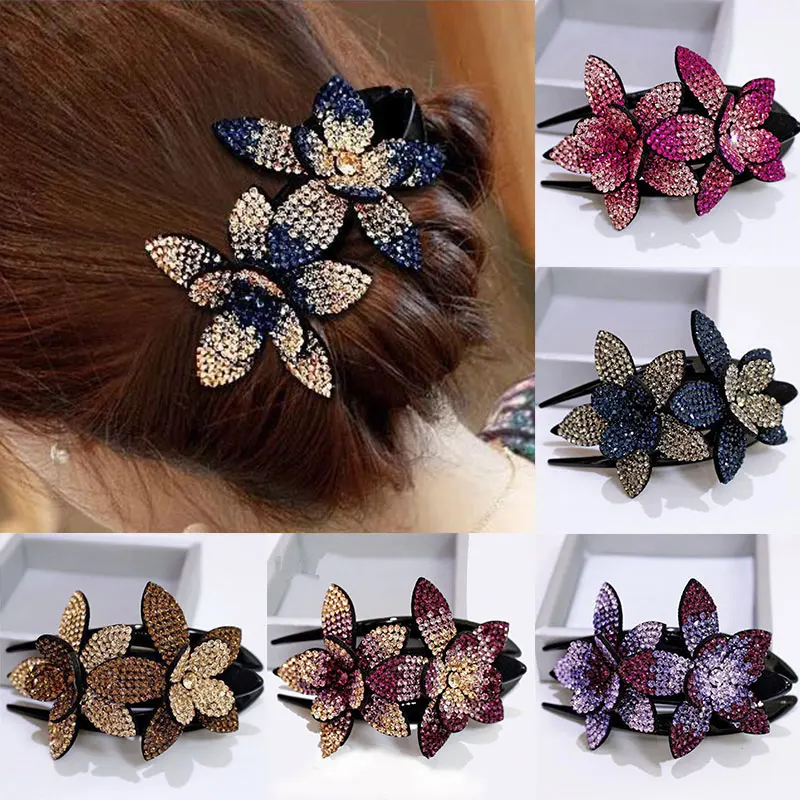 

Rhinestone Double Flower Hair Clip Crystal Pearl Hair Claws Female Elegant Duckbill Hairs Combs Handmade Fashion Hair Accessorie