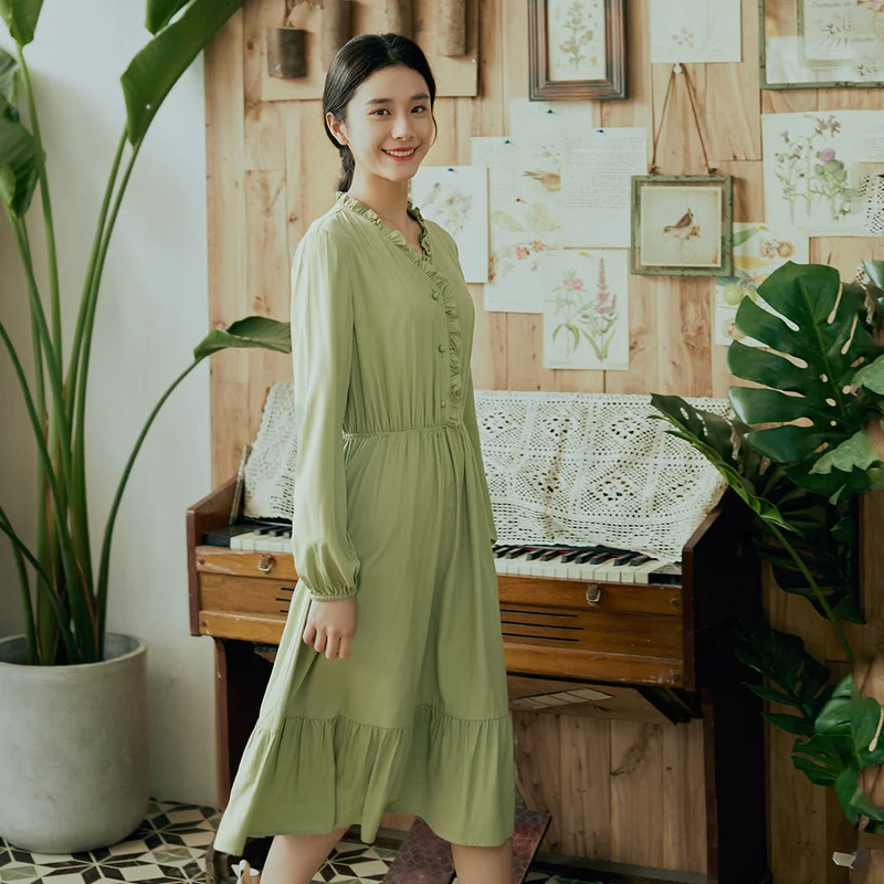 INMAN весенне осеннее приталенное плиссированное платье с длинными рукавами и v