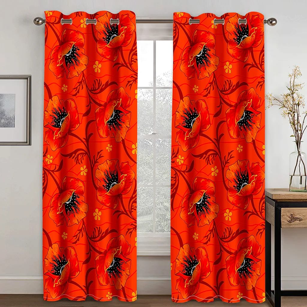 

Шторы с люверсами для дома, декоративные шторы из черной шелковой ткани для гостиной, спальни, с цветочным принтом на красном фоне