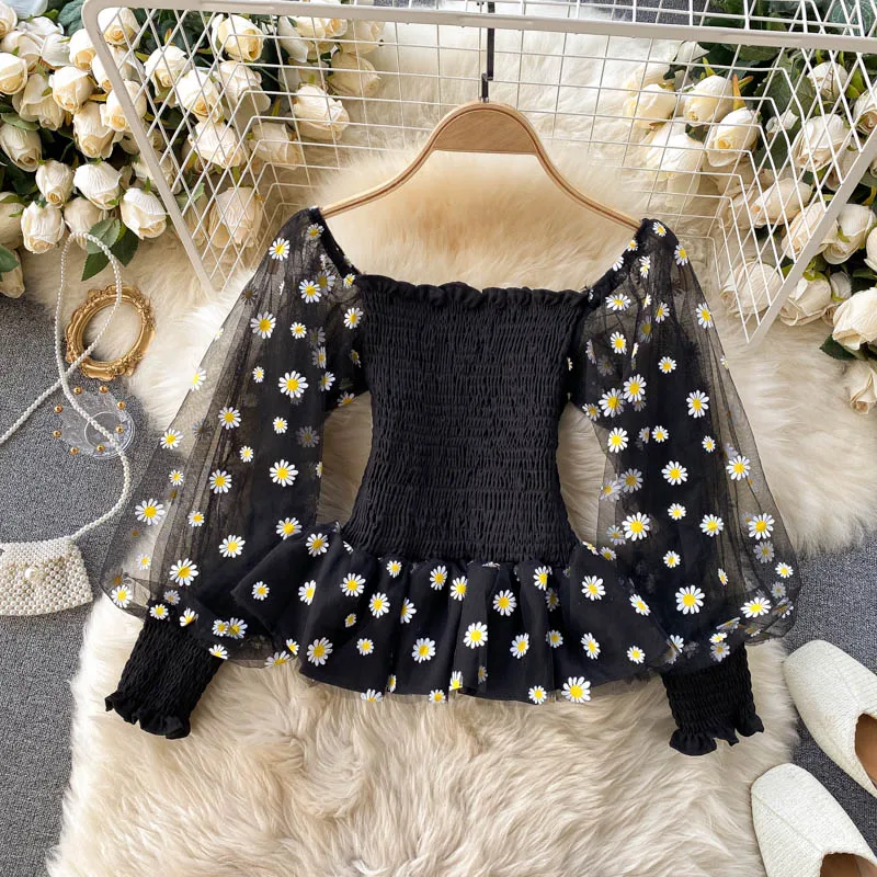 

Mesh Yarn Lantern Sleeve Elastic Force Slim Wasit Ruffles Shirts 2021 Summer Square Collar Sweet Fresh Women Blouse Blusas Mujer