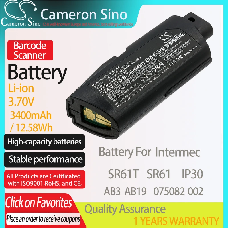 

CameronSino Battery for Intermec SR61T SR61 IP30 fits Intermec 075082-002 AB19 AB3 Barcode Scanner battery 3400mAh/12.58Wh 3.70V