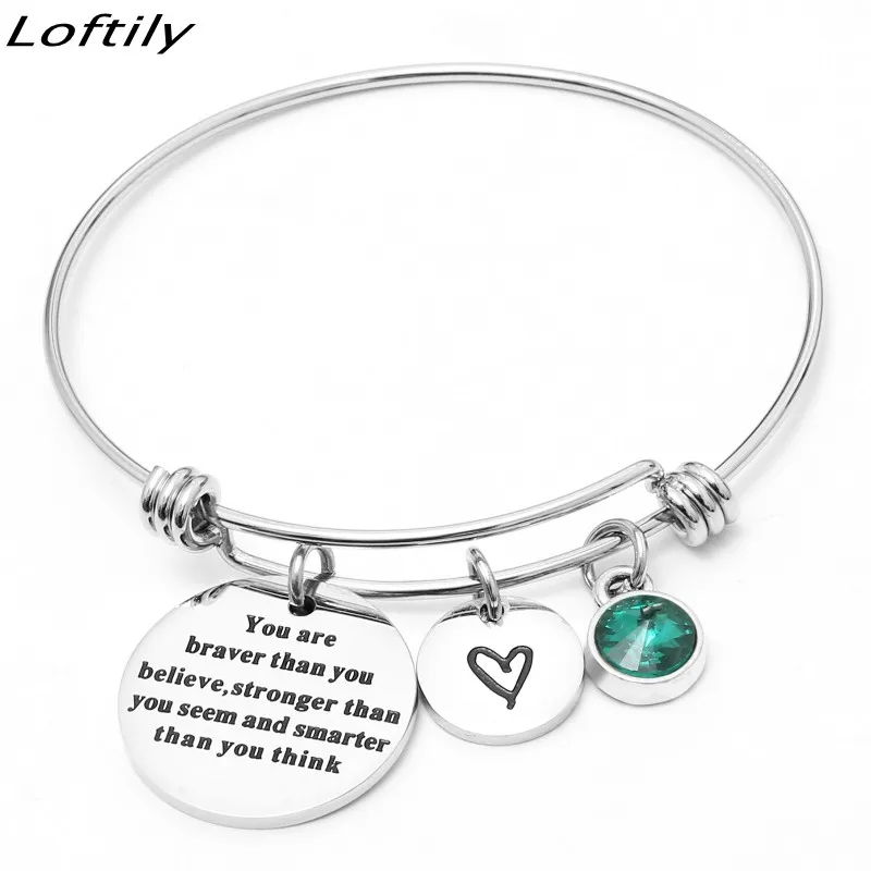 Женский браслет с регулируемыми буквами и камнями рождения из нержавеющей стали "Вдохновение, мужество и дружеские узы"